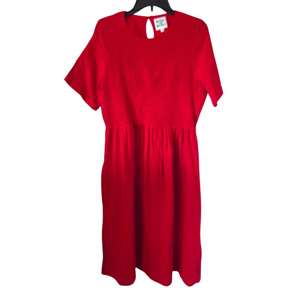 Shiny By Nature Womens Short Sleeve Smocked Chest Gauze Dress Medium Red